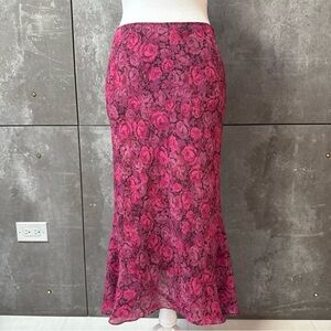 Vintage 90s Express burgundy Rose Skirt Midi Sz XS Romantic  Floral